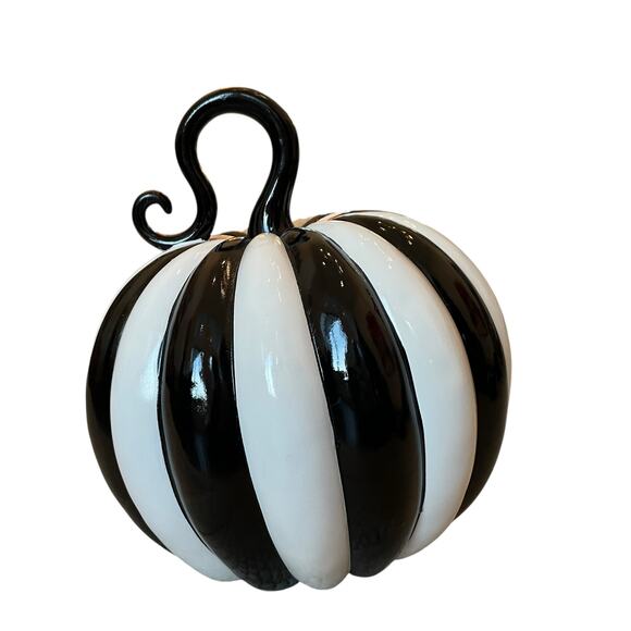 Modern Black & White Striped Pumpkin 12in Chic Fall Designer Home Decor NEW - Picture 2 of 9